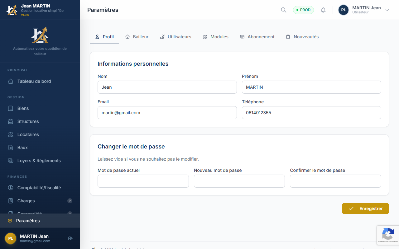 Page des parametres
